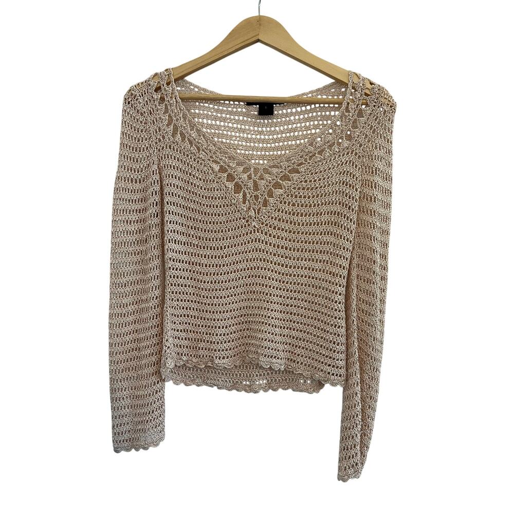 Bette Sung Crochet Knit V-neck Shirt Long Sleeve Womens Large Granny Cottagecore